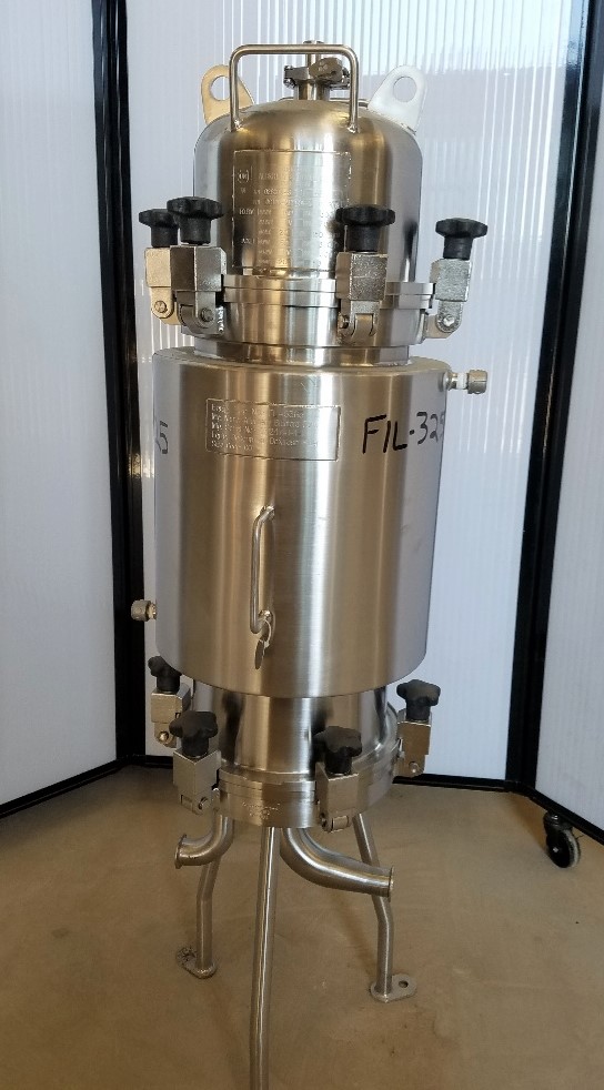used Sanitary Cartridge Filter with Jacketed housing Opti-Clean by Allegheny Bradford. Has (5) Cartridge capacity.  Rated 150 PSI/Full Vacuum @ 300 Deg.F.. Jacket rated 50 PSI @ 300 Deg.F..  Approx. 10